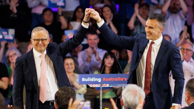 Prime Minister Anthony Albanese at a campaign rally with South Australian Premier Peter Malinauskas in Adelaide. Picture: Matt Turner.