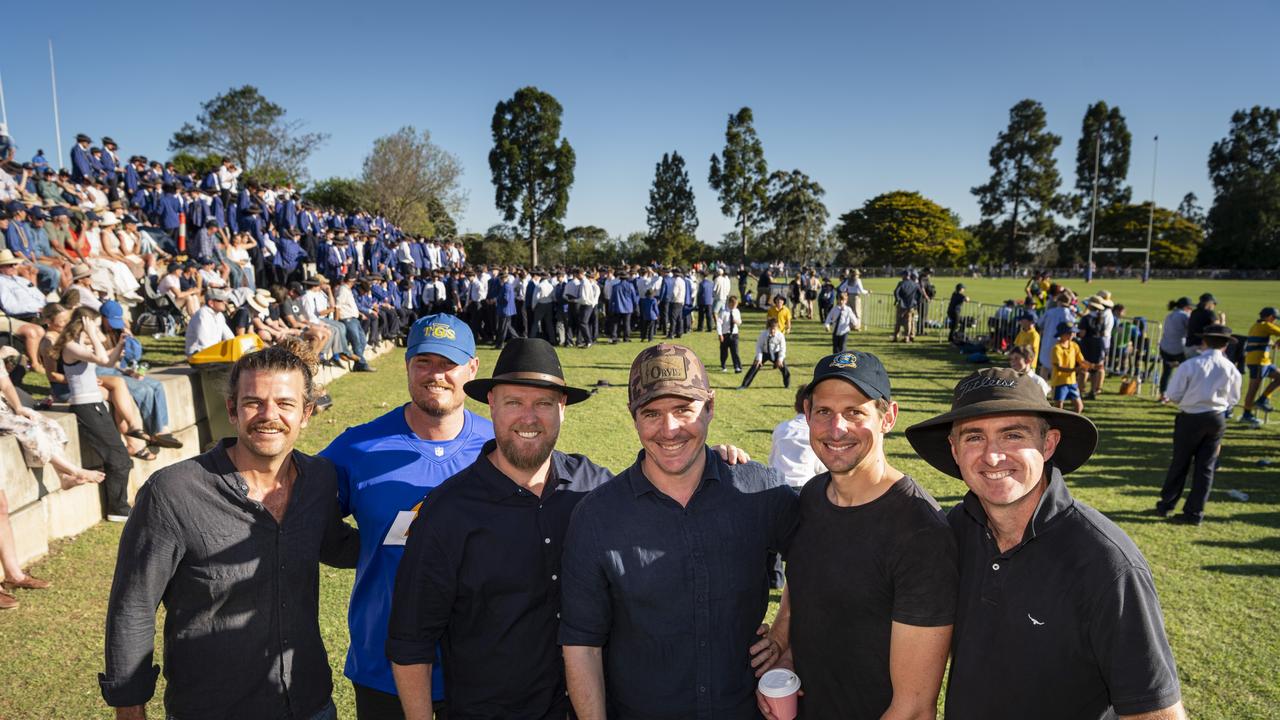 Grammar graduates of 2004 (from left) Simon Buttenshaw, Matt Eilers, James Rees, Ben Phipps, Adam Rodger and Brody Grogan watch the O'Callaghan Cup. Picture: Kevin Farmer