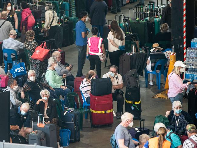 The Overseas Passenger Terminal at Circular Quay was pandemonium has people disembarked the infected ship. Picture: Julian Andrews