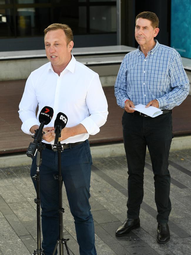 Leader of the Opposition Steven Miles and Deputy Leader of the Opposition Cameron Dick speak to the media in Townsville. Picture: Shae Beplate.