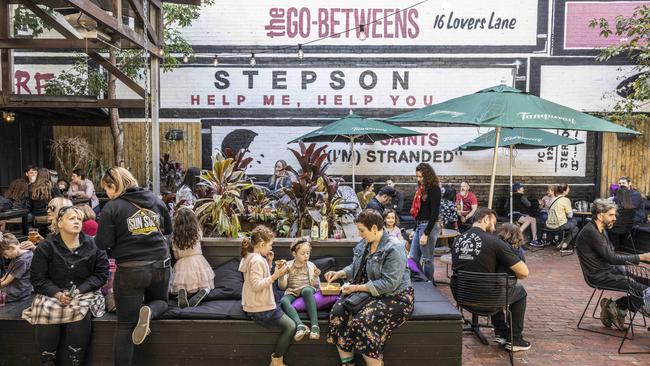 Music fans gathering at The Triffid’s beer garden in Brisbane for Small Fry Rock, on July 30 2022. Picture: Glenn Hunt