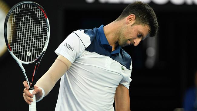 Novak Djokovic is struggling with an elbow injury. Picture: AFP