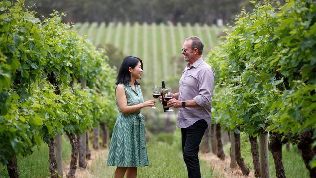 Wines By Geoff Hardy export manager Yuan Yuan with Geoff Hardy at the Kuitpo Cellar Door and Vineyard. Picture: Matt Turner