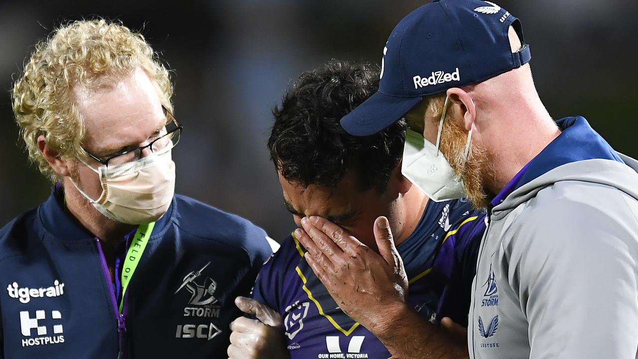 Medicos attend to Storm star Jahrome Hughes after he was crunched by Corey Harawira-Naera. Picture: Getty Images