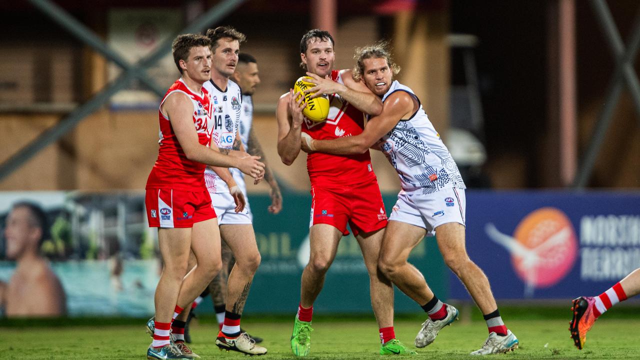 Jack Bambury with the ball as Waratah took on Southern Districts in Round 1 of the 2024-25 NTFL season. Picture: Pema Tamang Pakhrin