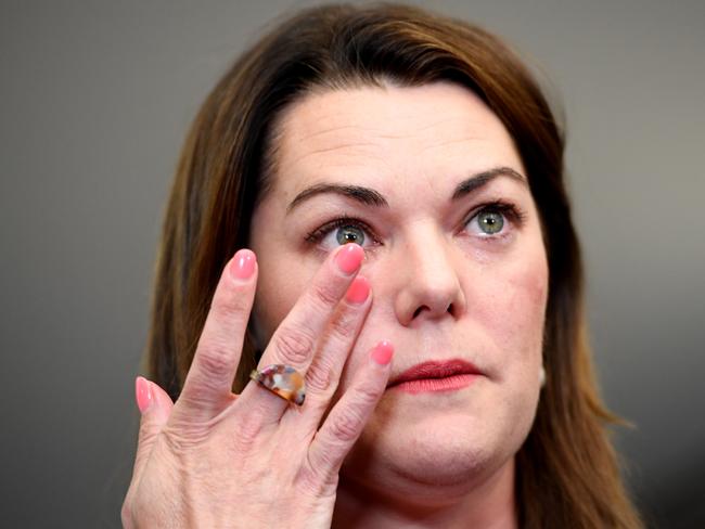 A teary Sarah Hanson-Young during a press conference after winning her defamation case against against former Senator David Leyonhjelm in November 25, 2019. Photo: Tracey Nearmy/Getty Images.