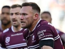 Manly prop Matt Lodge carts the ball up. NRL Imagery