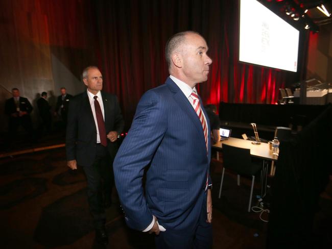 19/12/2018 NAB CEO Andrew Thorburn and Chairman Ken Henry leave the AGM at Melbourne Convention Centre.Picture : David Geraghty / The Australian.