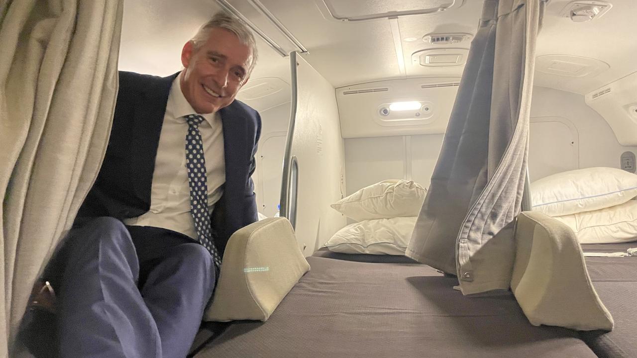 Air New Zealand CEO Greg Foran in the new cabin crew sleep area of a retrofitted Boeing 787.