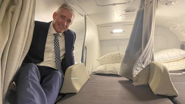 Air New Zealand CEO Greg Foran in the new cabin crew sleep area of a retrofitted Boeing 787.
