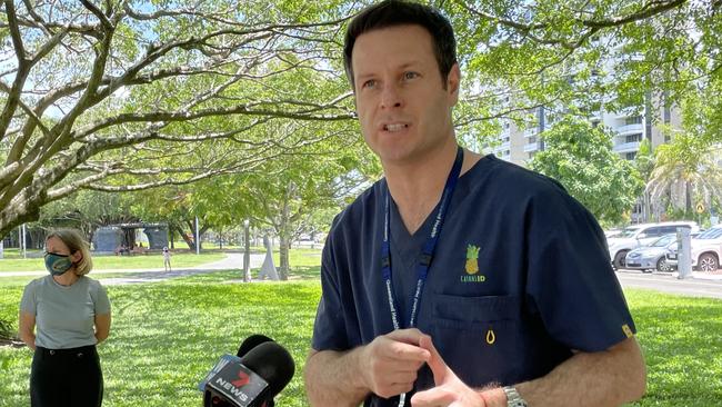 Cairns Hospital Chief Executive Tina Chinery (left) and infectious disease expert Dr Simon Smith provided an update about growing cases of Covid-19 across FNQ and the Cairns and Hinterland Hospital and Health Service response plans. Picture: Alison Paterson