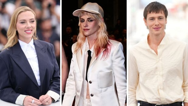 Scarlett Johansson, Kristen Stewart and Harris Dickinson. Pictures: Getty/AFP/AP