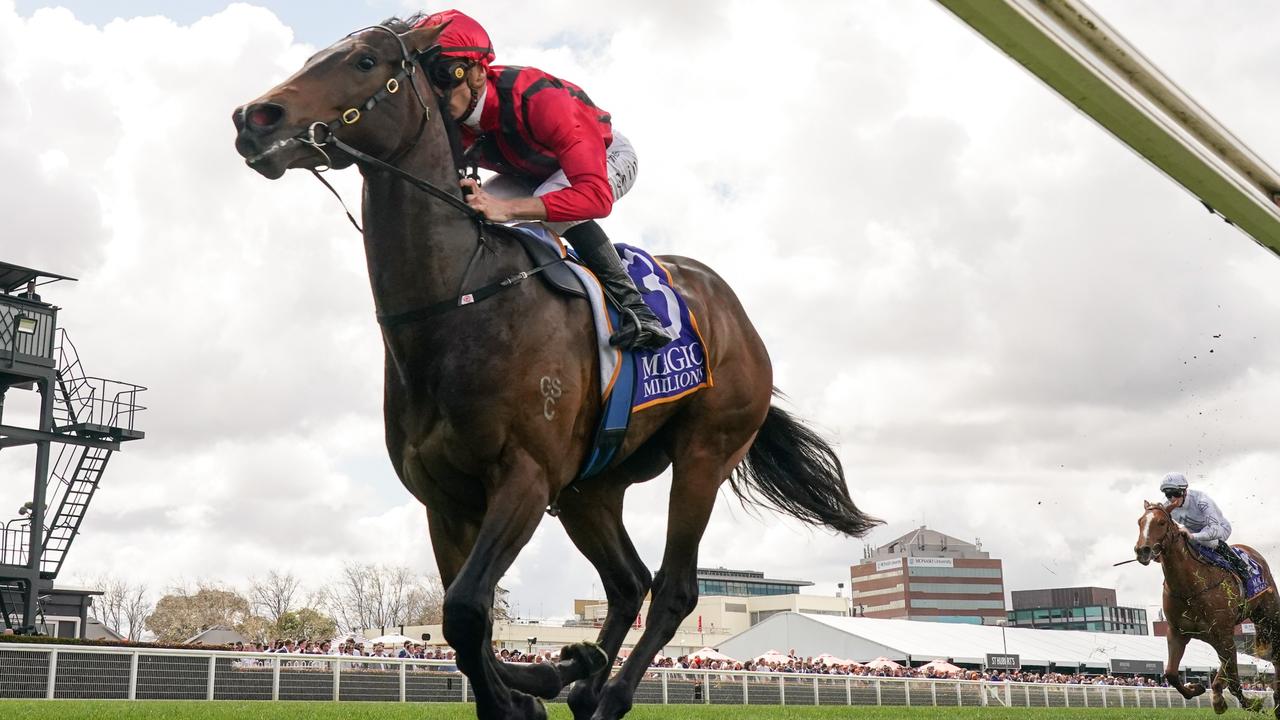 King’s Gambit cruised to victory in the Debutant Stakes with Blake Shinn aboard. Picture: Racing Photos