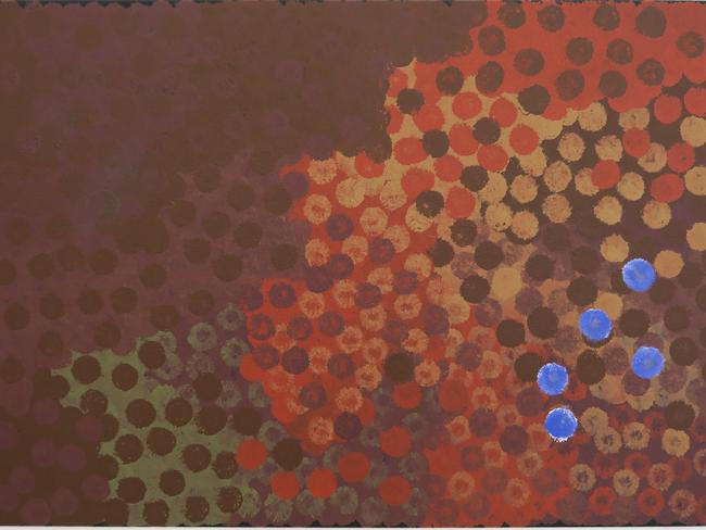 Otis Hope Carey, ‘NGAALGAN. YAAMANDI NGANYUNDI BAABANY NYAAGILING' (Red Rock. The place where my Nan was born) 2016, acrylic on canvas, 92 x 61cm; $3500. Image courtesy of the artist and China Heights. 