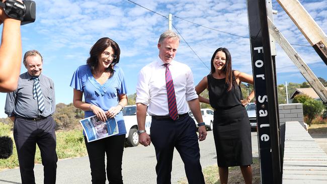 From left, real estate agent Vlad Gala, Liberal MP Jacquie Petrusma, Premier Will Hodgman and Liberal Lyons candidate Jane Howlett in Lewisham for the announcement of a stamp duty cut for first-home buyers. Picture: SAM ROSEWARNE