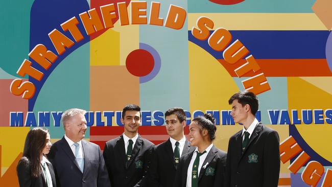 Strathfield South High school students Lara Libdy, Ali Noon, Baran Sogut, Kelly Ye and Ethan Rebolledo with principal Simon Paterson. Picture: John Appleyard