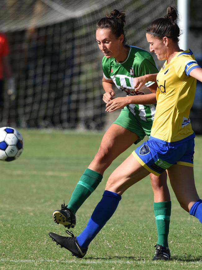 Broadbeach's Rose Argent and Southport Georgie Rollino. Picture: Steve Holland
