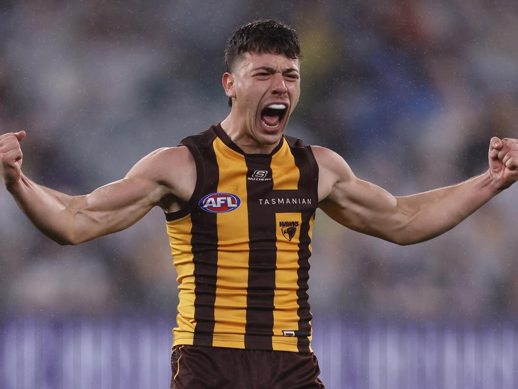 D’Ambrosio enjoys one of his two goals against the Pies. Picture: Darrian Traynor/Getty Images