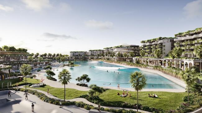 The wave pool and surrounding buildings planned at Parkwood on the Gold Coast.