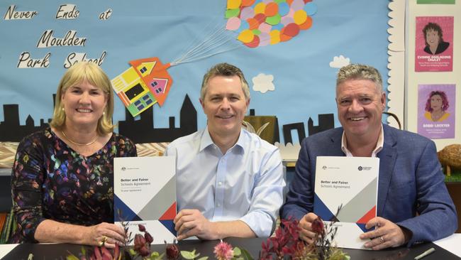 NT Chief Minister Eva Lawler, let, federal Education Minister Jason Clare and NT Education Minister Mark Monaghan sign the Better and Fairer Schools Agreement. Picture: Sierra Haigh