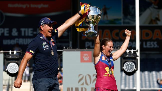 Coach Craig Starcevich and skipper Breanna Koenen hold the premiership cup aloft. (Photo by Michael Willson/AFL Photos via Getty Images)