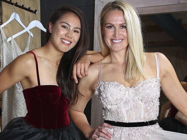 GALA EVENTS - Thunderbirds Netballer Chelsea Pitman and Adelaide Crows AFLW player Justin Mules get ready for their gala events at Caleche, Norwood. Picture Sarah Reed