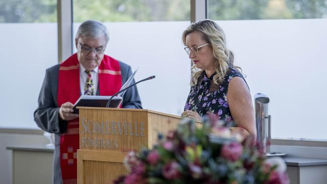 John Burton’s daughter Renee addresses mourners at the service. Picture: Jerad Williams