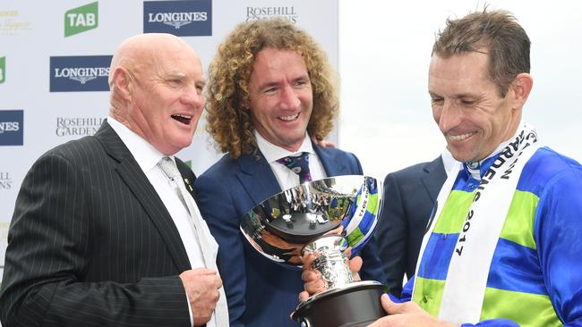 Owner Col Mckenna (left) celebrating Jameka’s BMW win in 2017 with trainer Ciaron Maher and jockey Hugh Bowman. Picture: AAP