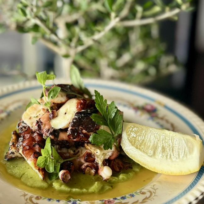 Chargrilled octopus and green garlic skordalia at Thanks to Theo restaurant, Adelaide