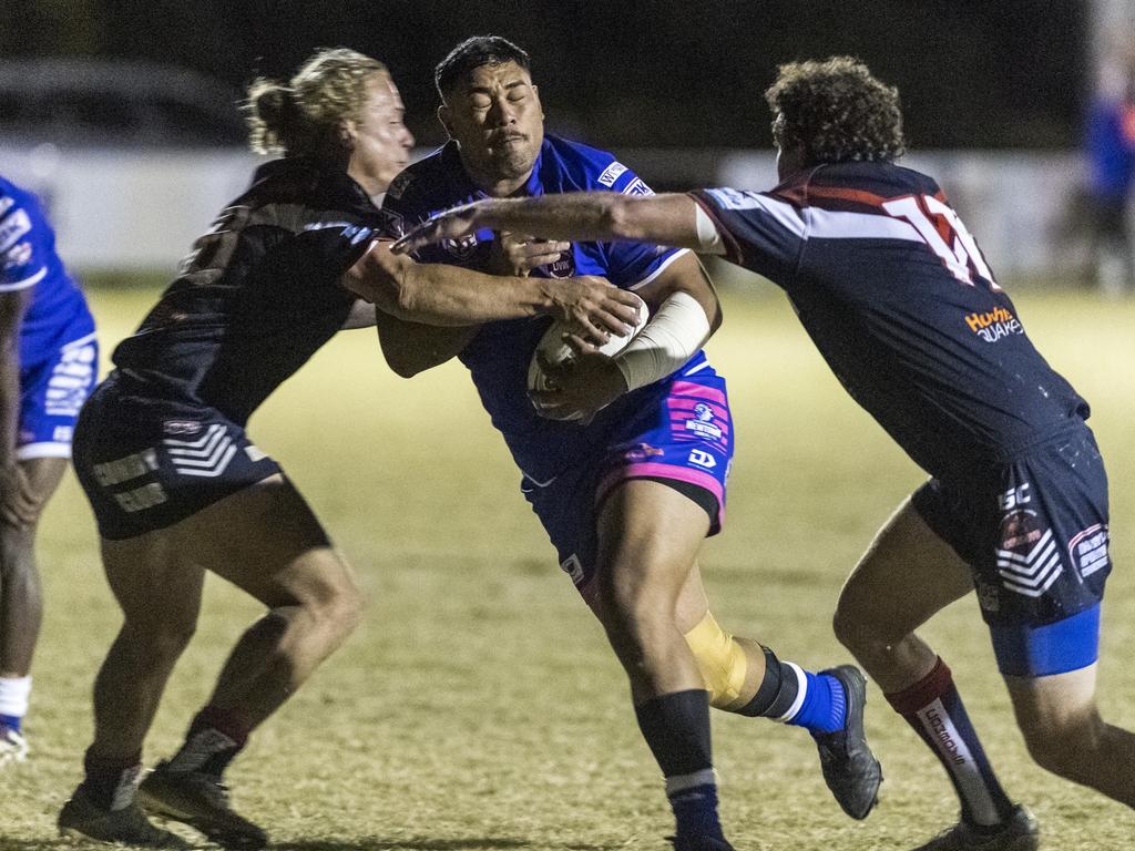 Jayma Douglas-Webb crashes through for Newtown to try against Warwick in TRL A grade round 10 rugby league at Jack Martin Centre, Saturday, June 19, 2021. Picture: Kevin Farmer