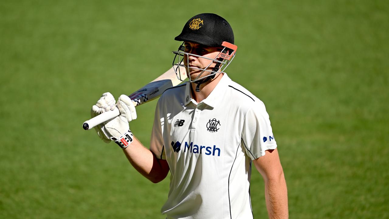 Cameron Green reacts after being dismissed for 96 in the Shield match against Queensland. (Photo by Bradley Kanaris/Getty Images)