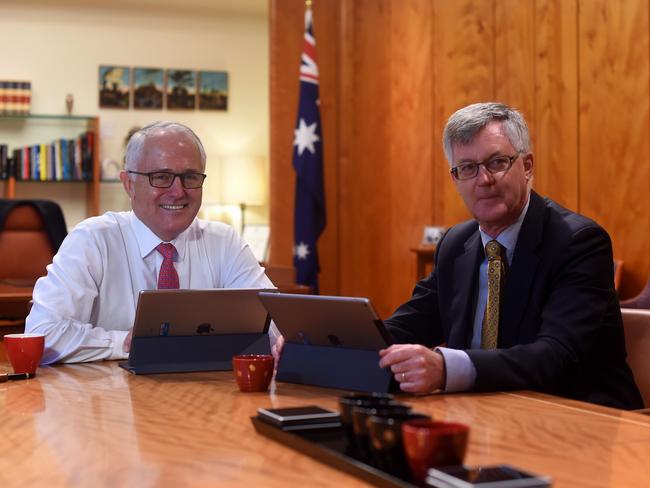 Malcolm Turnbull meets with the secretary of Prime Minister and Cabinet, Martin Parkinson, during an incoming government briefing at Parliament House this morning. Picture: AAP Image/Lukas Coch