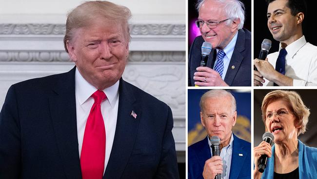 Donald Trump and, clockwise from top, Bernie Sanders, Pete Buttigieg, Elizabeth Warren and Joe Biden.