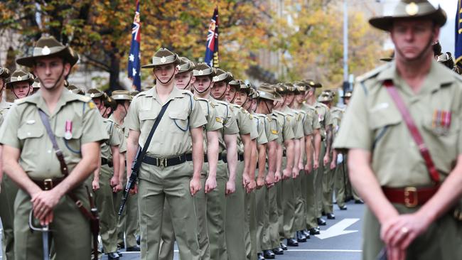 Army members line up in preparation for the parade in Hobart. Picture: NIKKI DAVIS-JONES