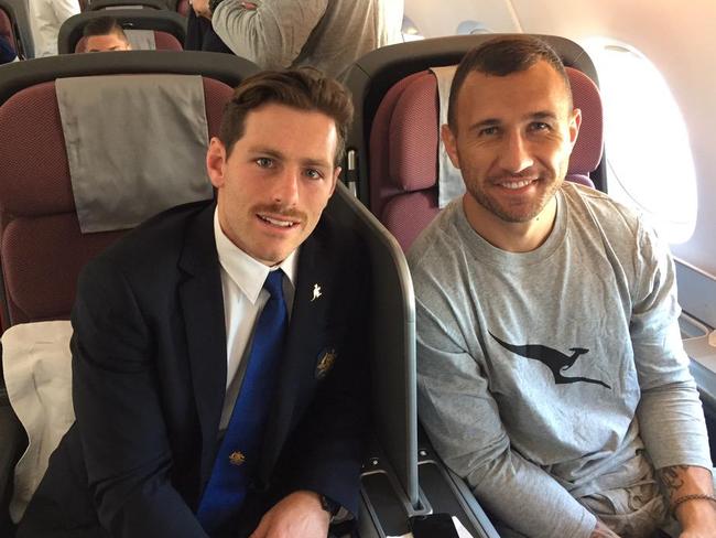 Bernard Foley and Quade Cooper depart for Chicago in 2015. Picture: Twitter @Wallabies