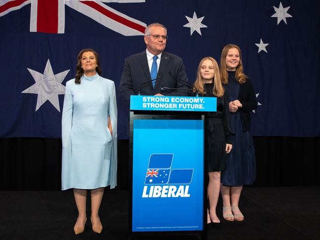 Scott Morrison concedes the election with his wife Jenny and daughters Abbey and Lily by his side. Picture: Jason Edwards