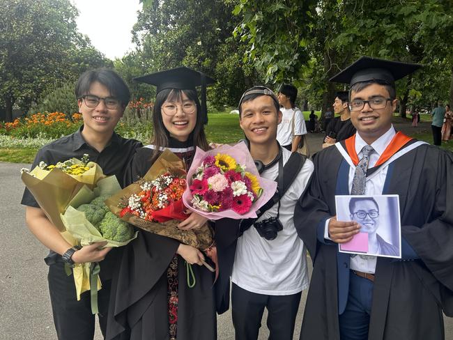 Daniel Lau, Jennifer Lu, Nam Nguyen, and Rahul Chitra at the University of Melbourne's Faculty of Architecture, Building and Planning graduation ceremony at the Royal Exhibition Building on December 6, 2024. Picture: Harvey Constable