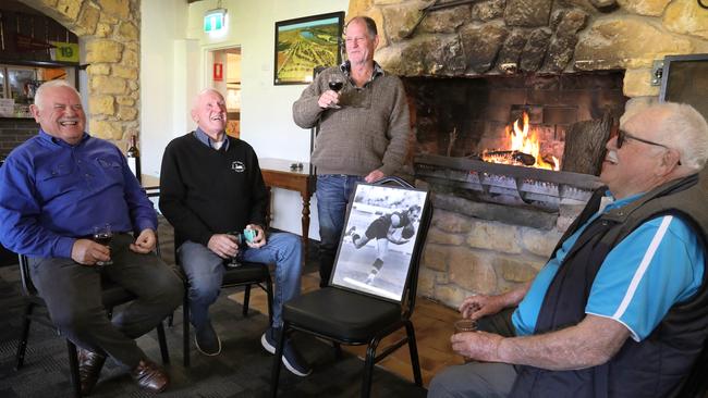 Friends of Neil Kerley, David Whitbread, Des Whyte, Don Thomson and Stuart Wilkinson, sharing a red and recounting some of their fond memories at the Swan Reach Golf Club. Picture: Dean Martin