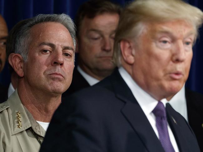 Clark County Sheriff Joseph Lombardo watches as President Donald Trump speaks at the Las Vegas Metropolitan Department. Picture: AP