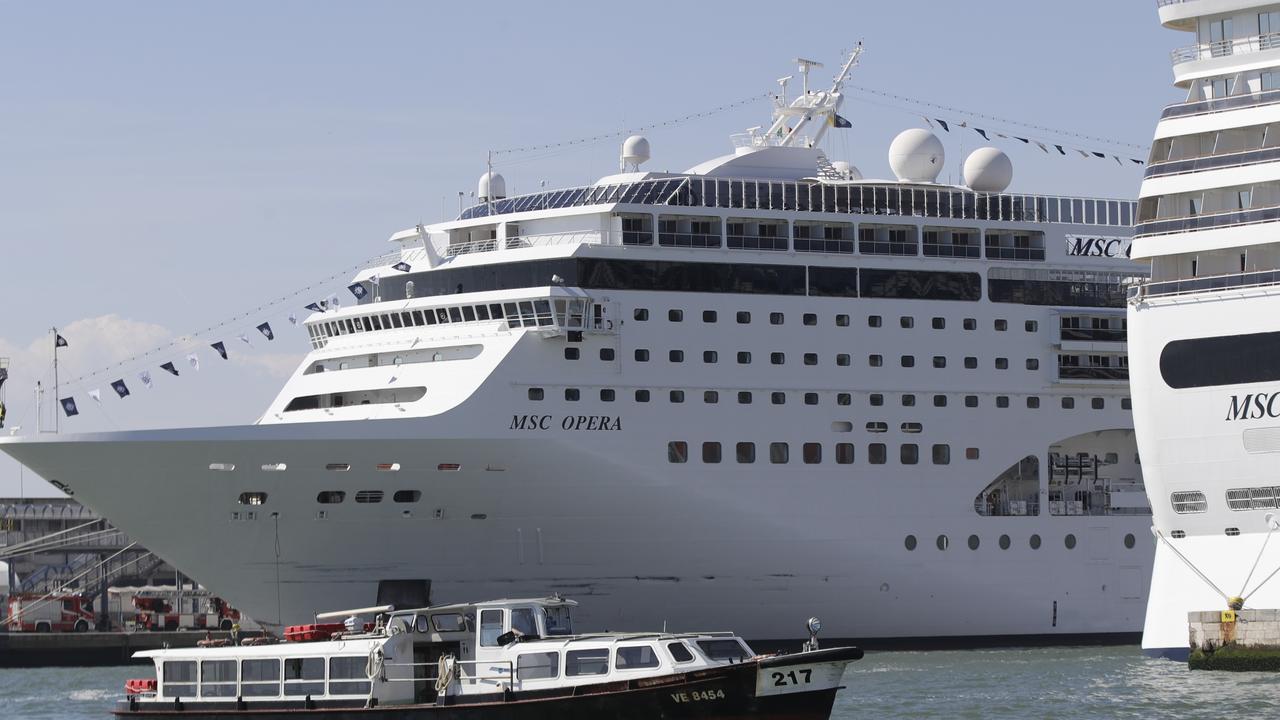 The MSC Opera cruise ship is moored in Venice, Italy after it rammed into a dock and a tourist river boat. Picture: AP Photo/Luca Bruno