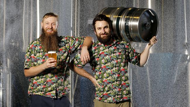 Lachy Crothers and Jake Harrison posing at Ballistic Beer Co, Salisbury. (AAP Image/Josh Woning)