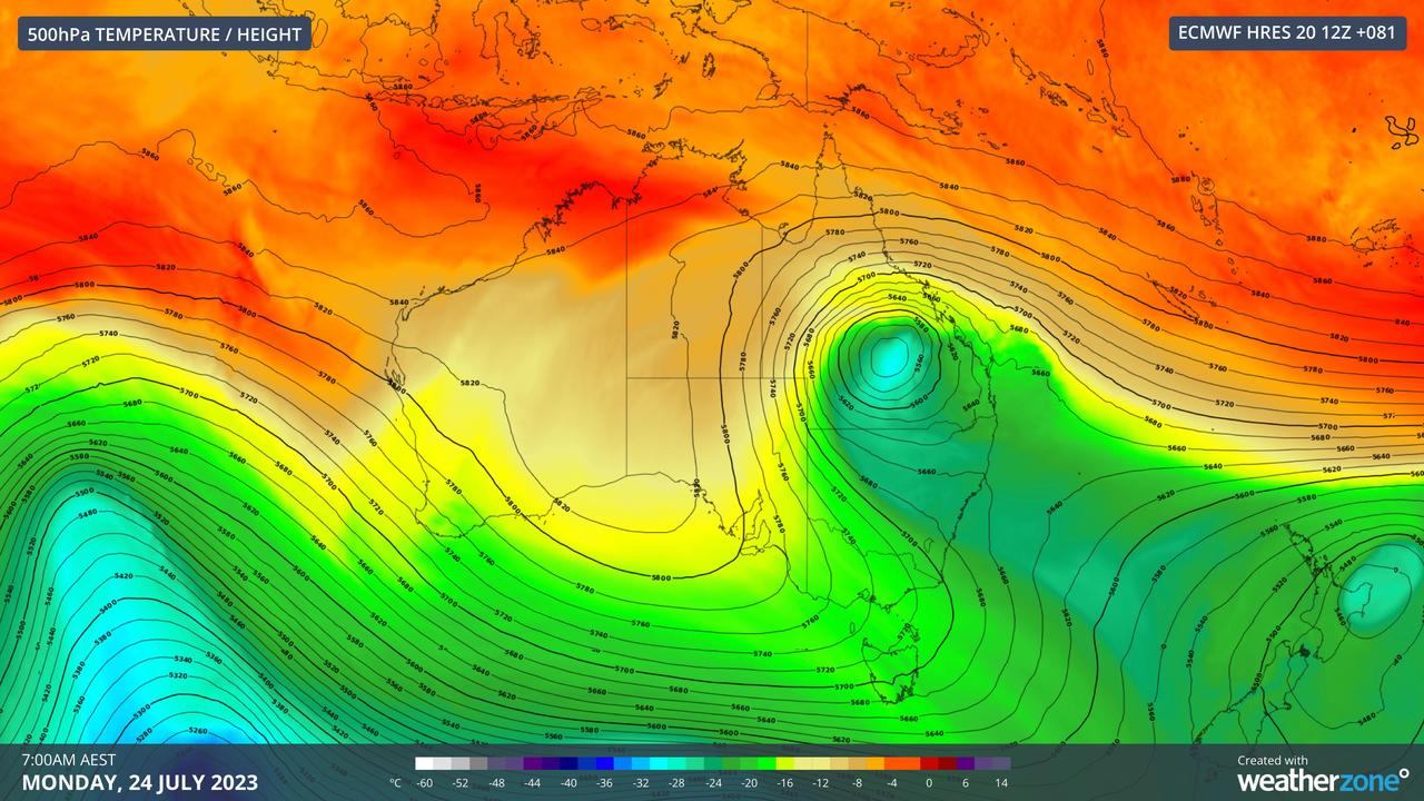 An upper-level cut-off low pressure system which will carry a large pool of cold air over eastern Australia. Picture: Weatherzone