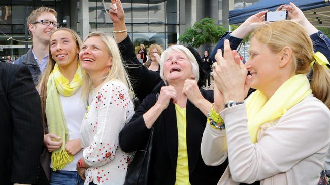 Family and friends of Allison Baden-Clay celebrate the guilty verdict of Gerard Baden-Clay at his murder trial. Picture: Darren England.