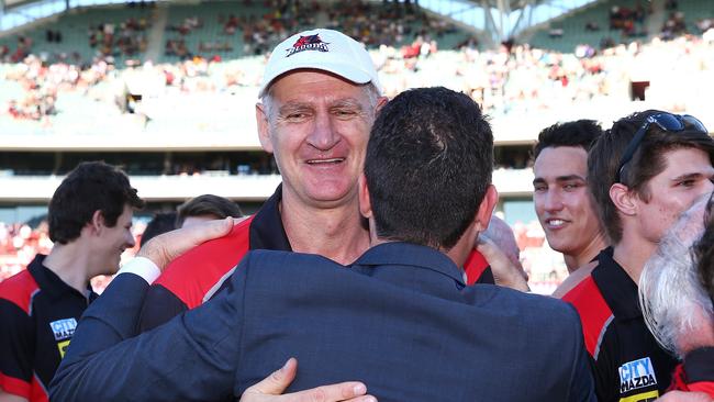 Mark Mickan celebrating after coaching West Adelaide to a drought-breaking premiership in 2015. Picture: Sarah Reed