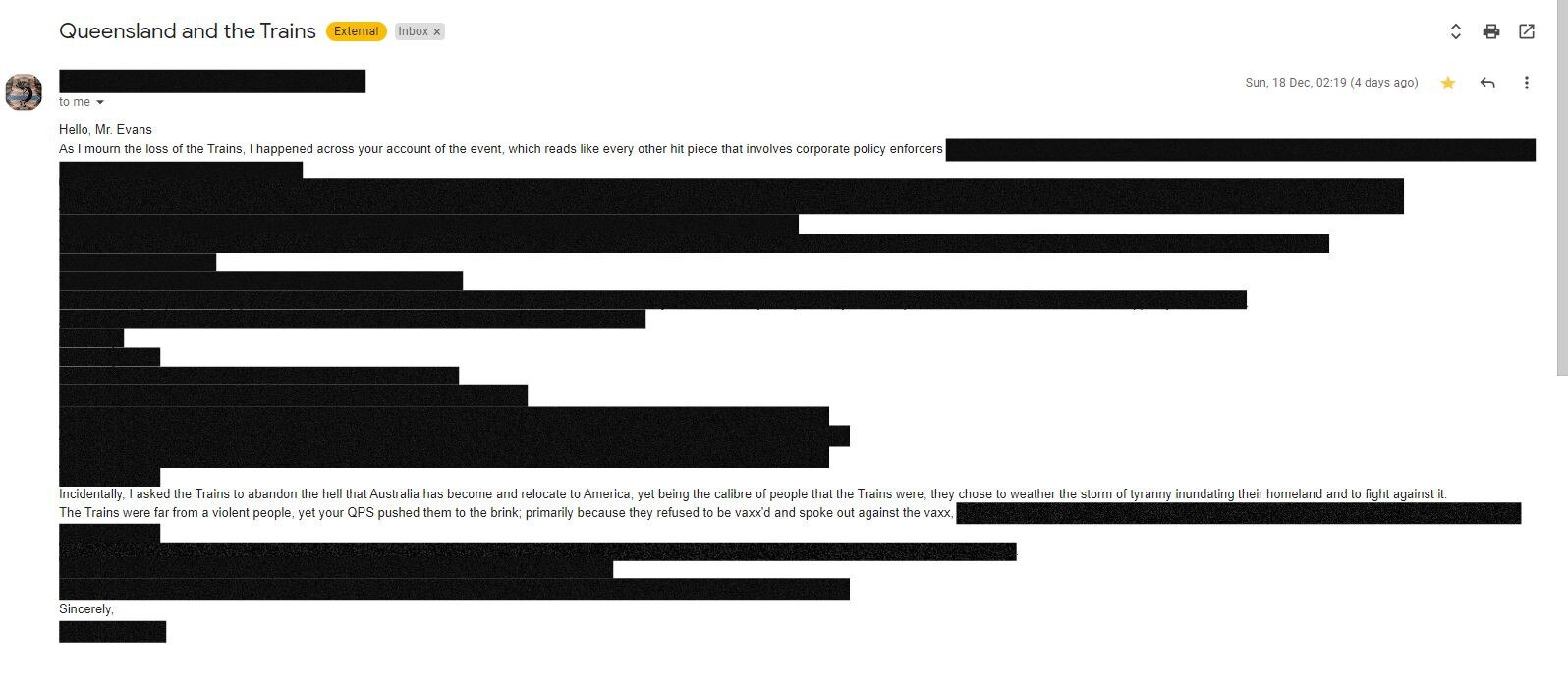 Email from a friend of the Trains, heavily redacted as to not air his theories.