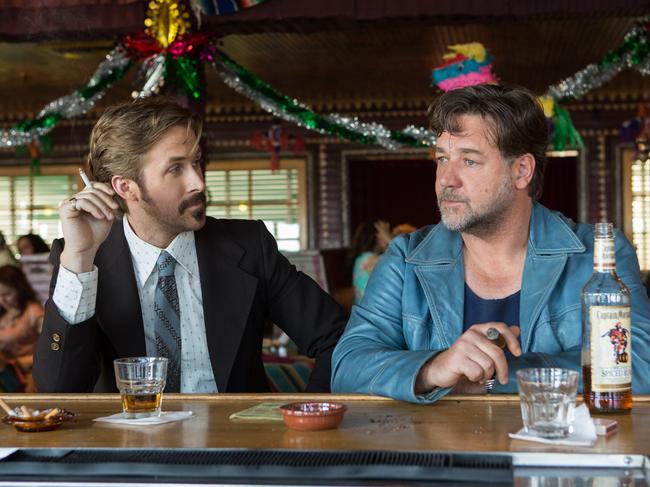 Ryan Gosling and Russell Crowe in a scene from the movie The Nice Guys. Supplied by Roadshow Films.