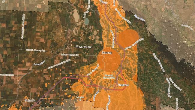 Transmission Company Victoria’s maps showing the VNI West route (purple line) through the Gannawarra Shire, crossing the Murray River at Murrabit, before heading south past Kerang.