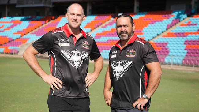 Newly appointed Tiwi Bombers coach Patrick Bowden with president Lindsay Whiting. Picture: Supplied.