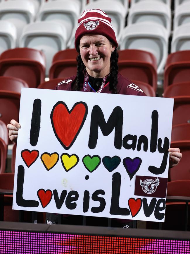 This Sea Eagles fan showed her colours during at Thursday’s round 20 NRL match. Picture: Getty Images