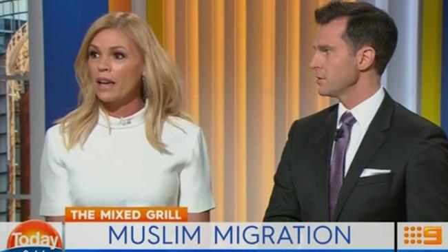 Frame grab of Sonia Kruger and David Campbell talking to Lisa Wilkinson (off camera) about Muslims being stopped coming into Australia.Sonia Kruger wants Australia to close its borders to Muslims. Picture: Today